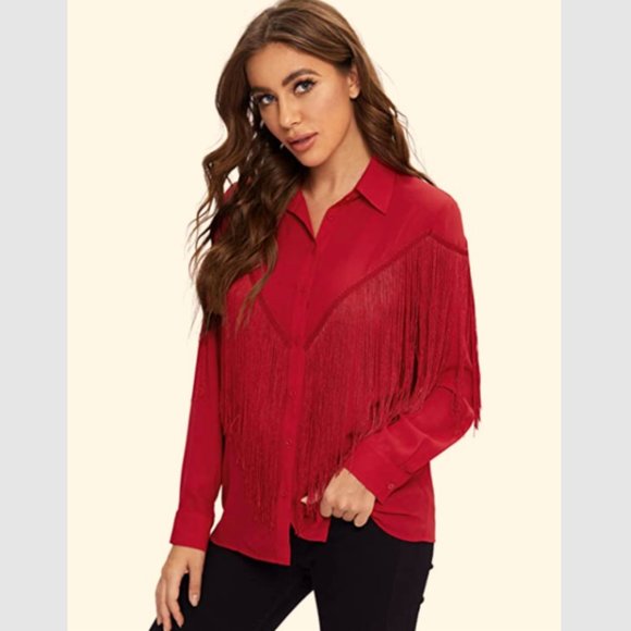 New with Tags Verdusa Women's Fringe-Trim Red Blouse, Size XL - Picture 11 of 12